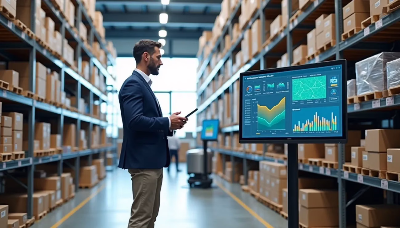Businessman using tablet to monitor inventory data on large screen in a warehouse full of stocked shelves.
