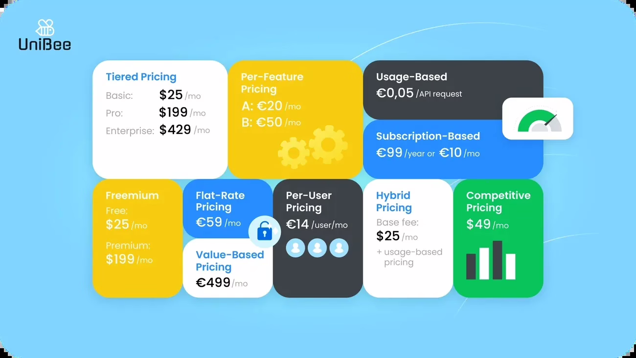 Infographic showing various pricing models including tiered, per-feature, usage-based, subscription, freemium, flat-rate, per-user, hybrid, and competitive pricing.