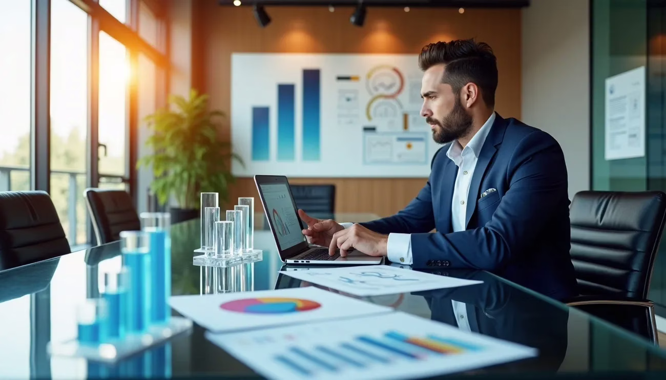 Businessman in a suit analyzing financial charts on a laptop in a modern conference room with graphs and documents.