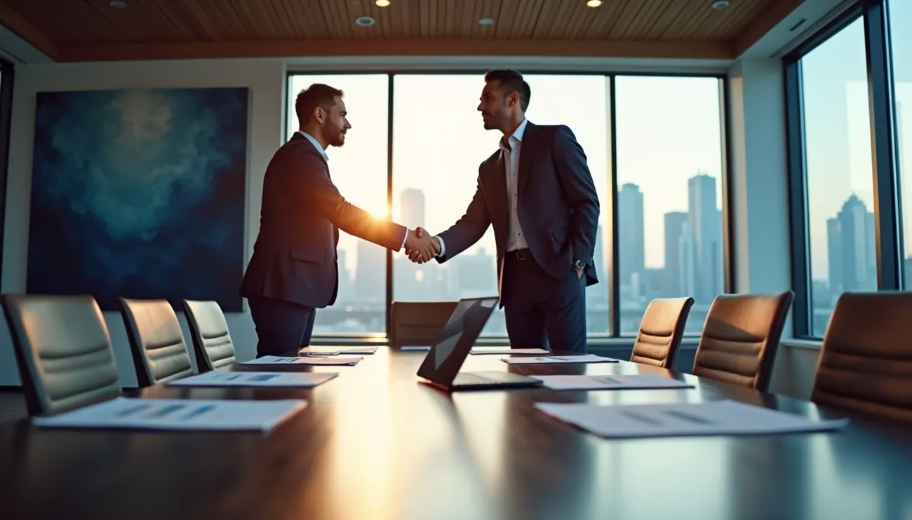 Two business professionals shaking hands in a high-rise office with city skyline and sunset in the background.