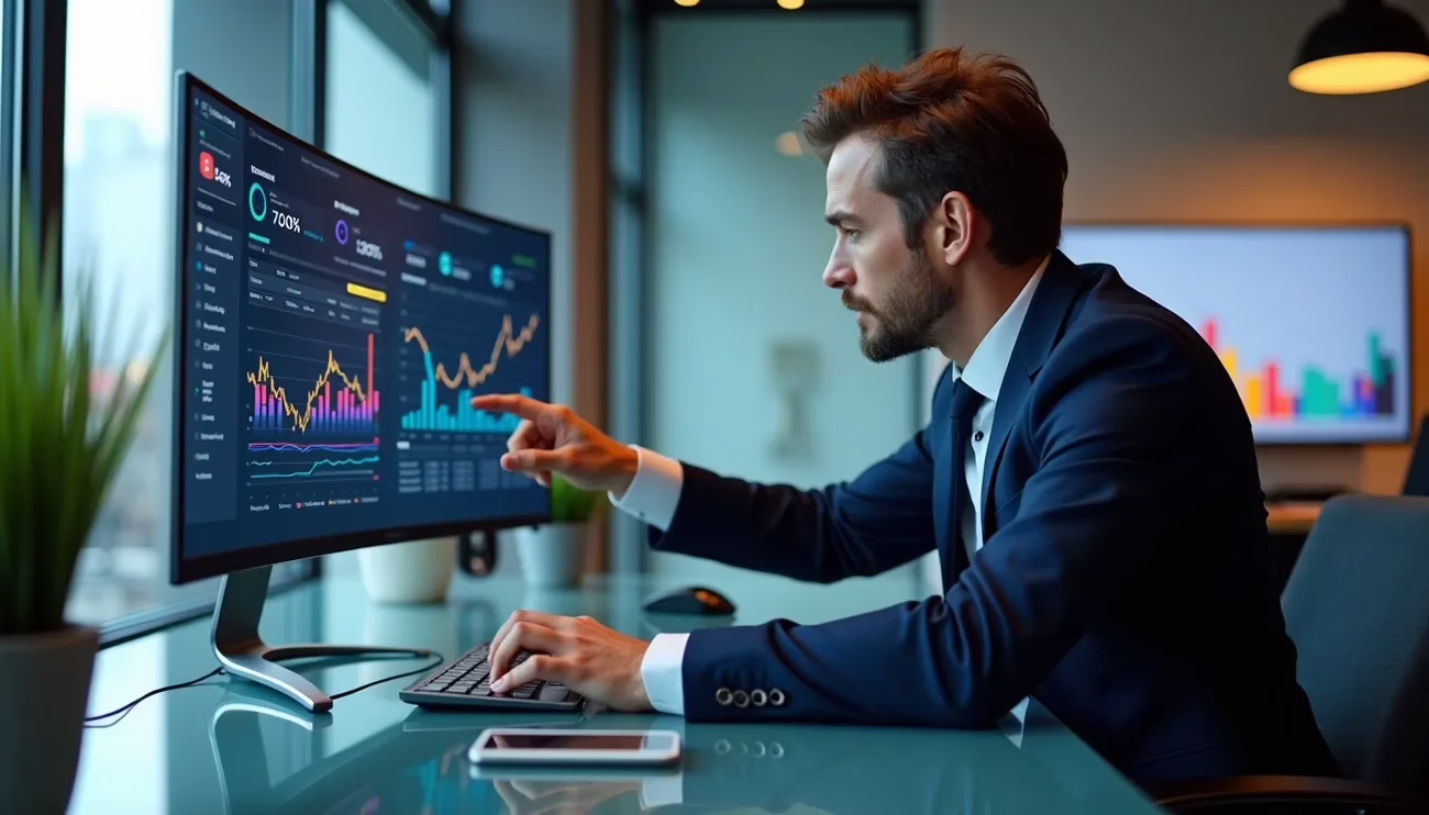 Businessman in a suit analyzing SaaS growth metrics on a large curved monitor in a modern office.
