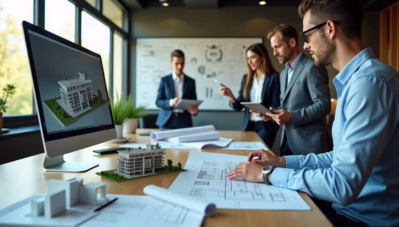 Architects collaborating in an office with building models, blueprints, and a 3D design on a computer screen.