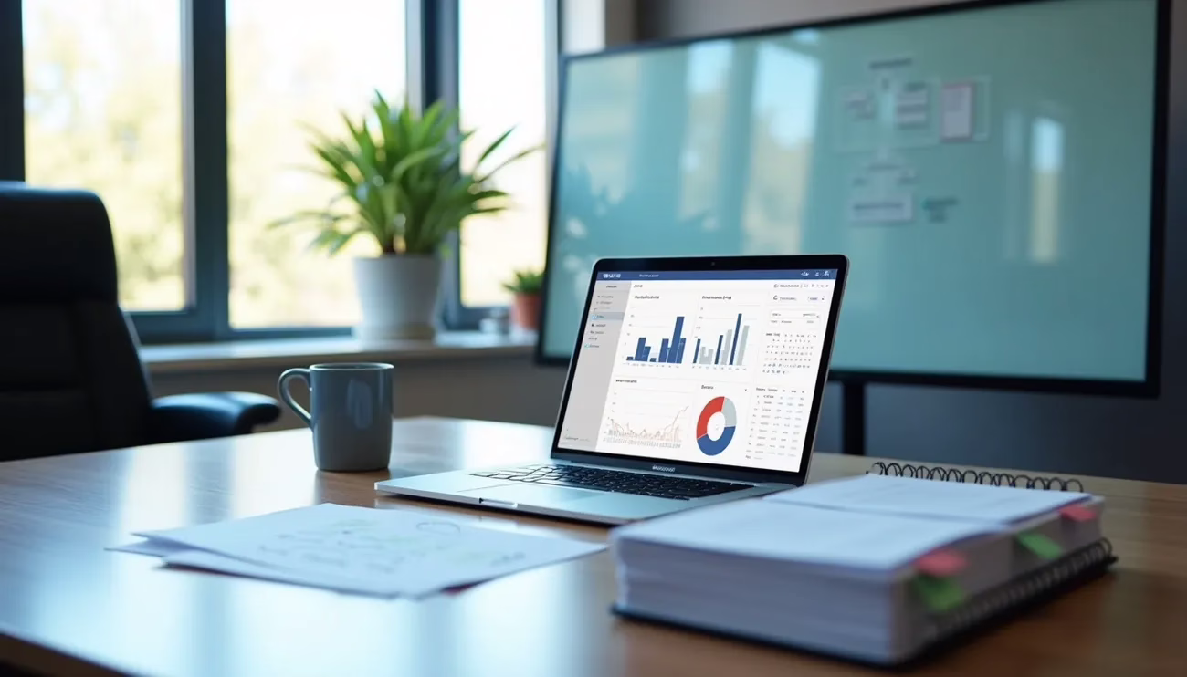 Laptop on office desk showing financial charts and graphs next to documents, a coffee mug, and a plant by the window.