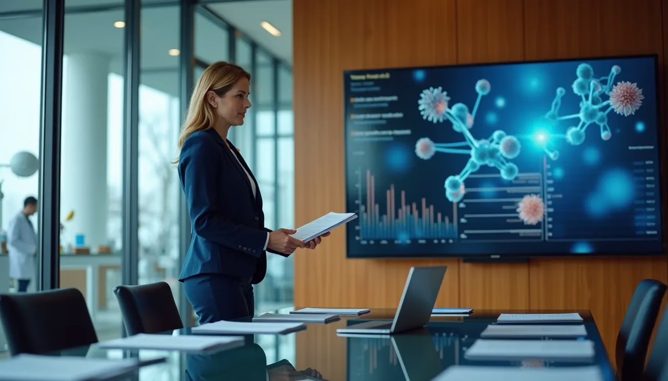 Businesswoman in a conference room reviewing documents with a biotech molecular structure displayed on a screen behind her.