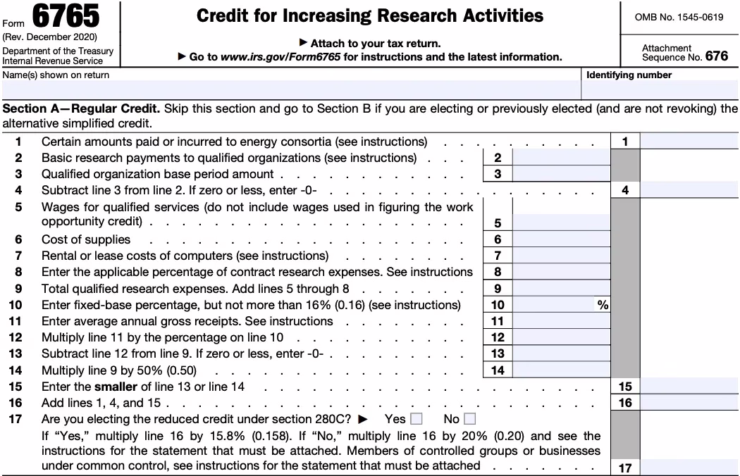 IRS Form 6765 for claiming credit for increasing research activities with detailed line instructions for tax filing.