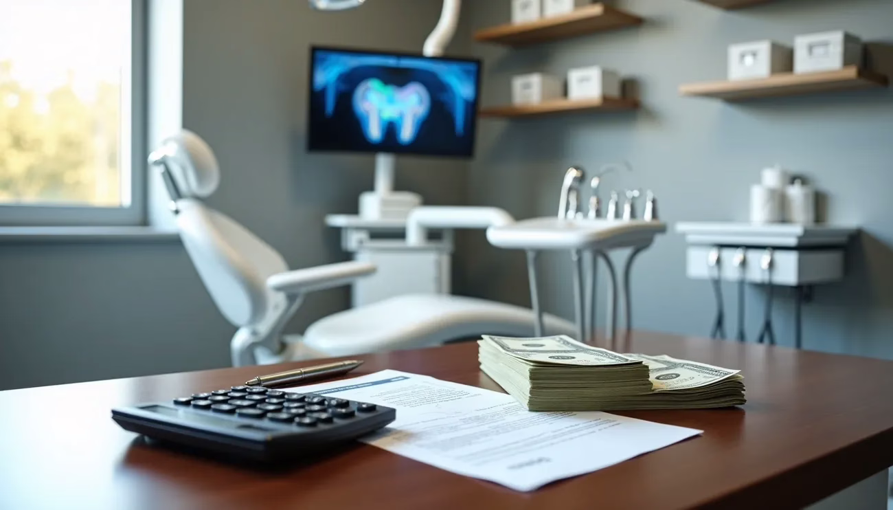 Stack of money, calculator, and paperwork on a desk in a dental office with a dental chair and X-ray in the background.