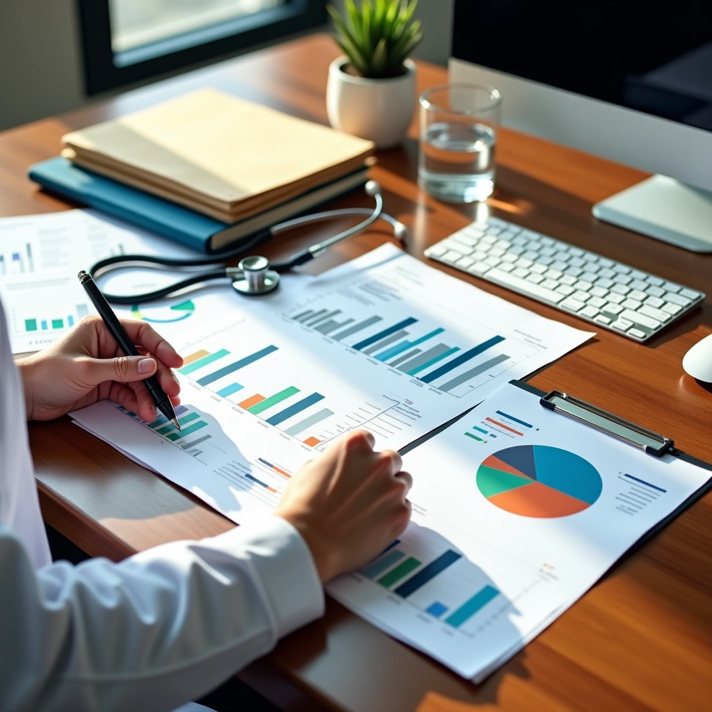 Person analyzing healthcare financial charts and graphs on a desk with medical tools and a computer keyboard