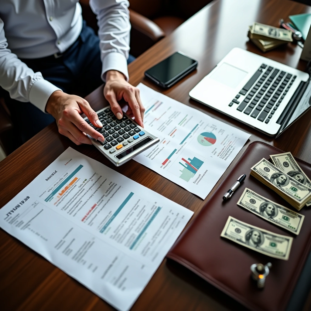 Person using a calculator with financial documents, cash, and a laptop on a desk in a law firm office setting.