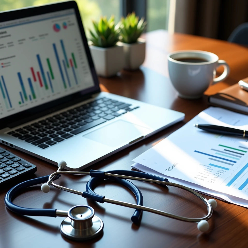 Stethoscope, financial charts, laptop, calculator, and coffee cup on a desk symbolizing medical practice financial planning.