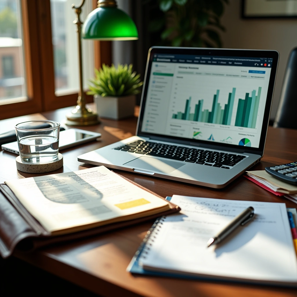 Workspace with laptop displaying financial charts, open book, notebook, and pen for tracking law firm profitability metrics.